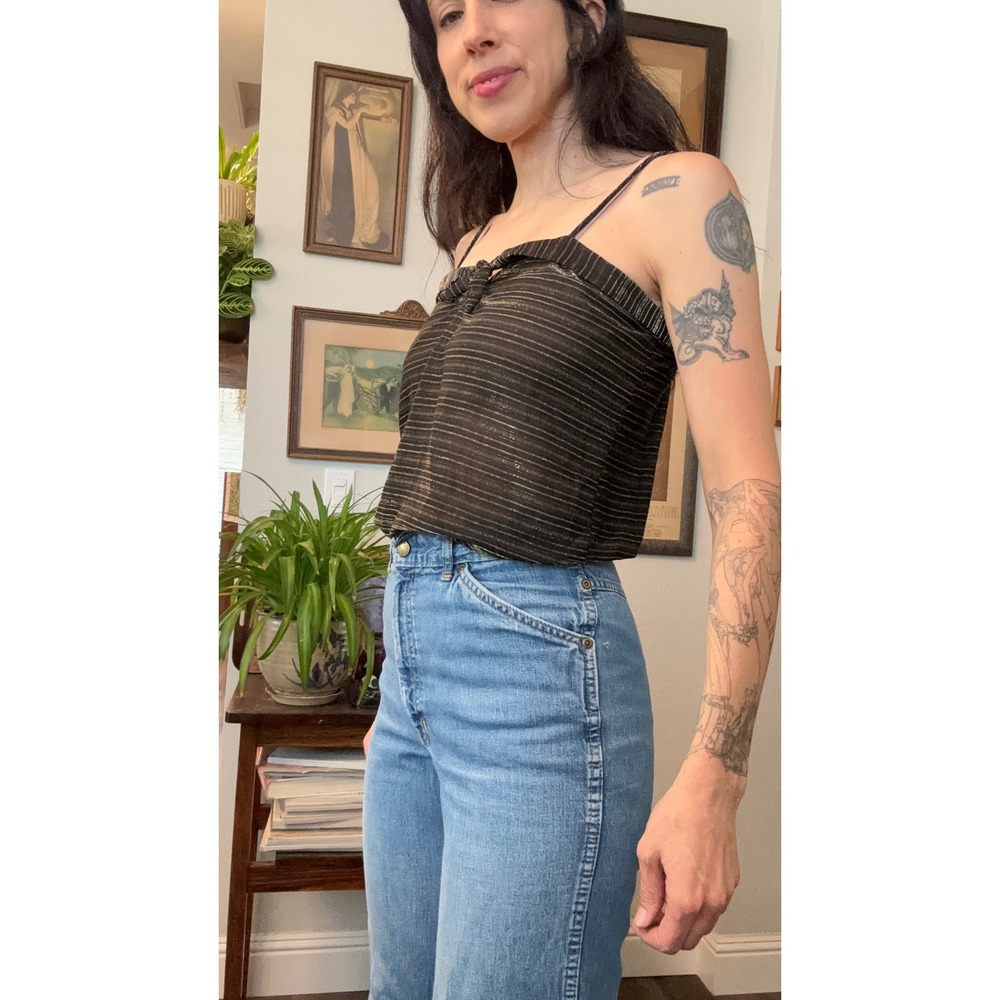 Vintage 70s Black Gold Metallic Pinstripe Camisole Cami Sauci California Top - Picture 2 of 8